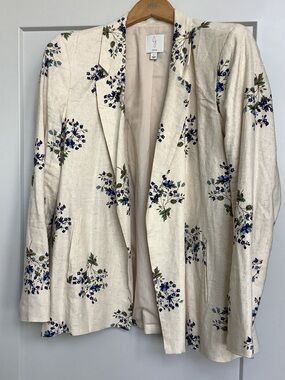 Jolie Cream Floral Linen-Blend Blazer with Blue & Green Print
